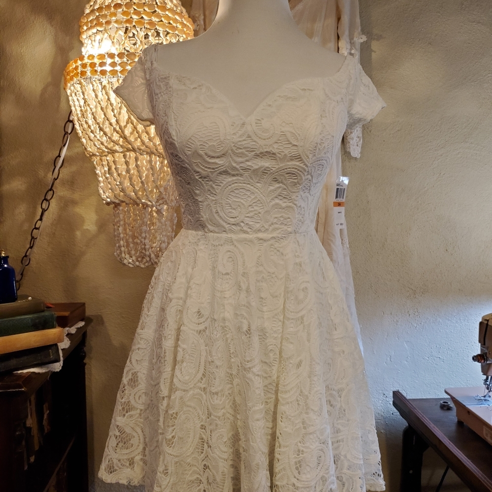 White lace fit and flare party dress